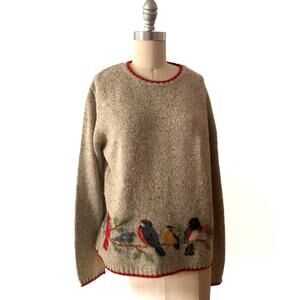 Northern Isles Womens Size M Tan Red Wool Cotton Blend Embroidered Birds Sweater